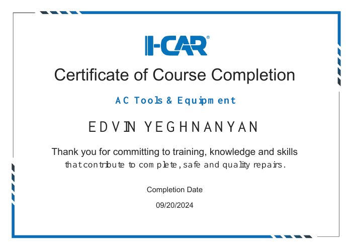 I-CAR course completion certificate for AC Tools & Equipment