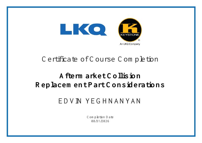 LKQ / KEYSTONE course completion certificate for Aftermarket Collision Replacement Part Considerations