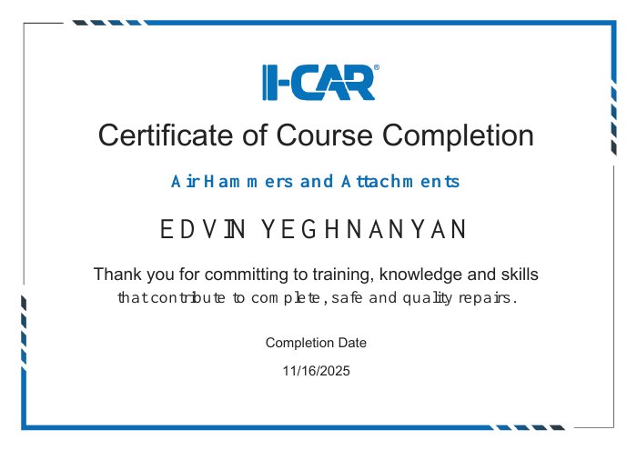 I-CAR course completion certificate for Air Hammers and Attachments