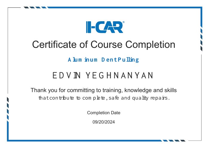 I-CAR course completion certificate for Aluminum Dent Pulling