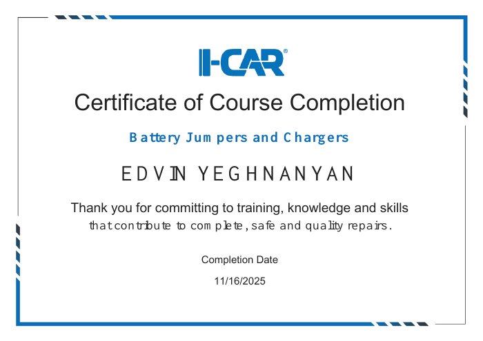 I-CAR course completion certificate for Battery Jumpers and Chargers