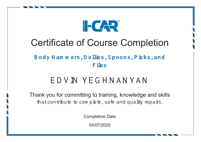 I-CAR course completion certificate for Body Hammers, Dollies, Spoons, Picks, and Files