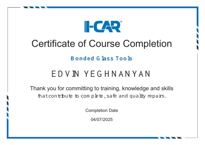 I-CAR course completion certificate for Bonded Glass Tools