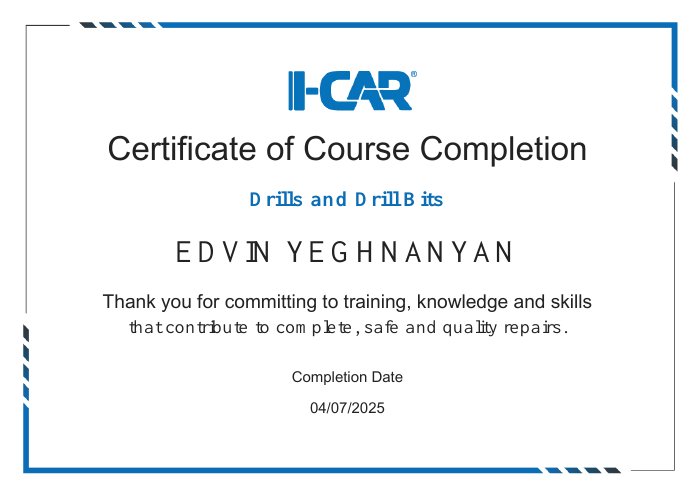 I-CAR course completion certificate for Drills and Drill Bits