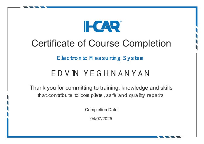 I-CAR course completion certificate for Electronic Measuring System