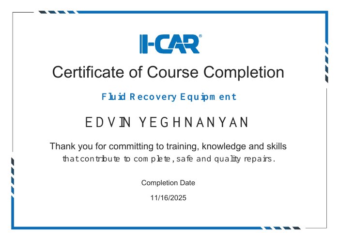 I-CAR course completion certificate for Fluid Recovery Equipment