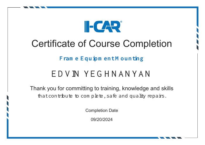 I-CAR course completion certificate for Frame Equipment Mounting