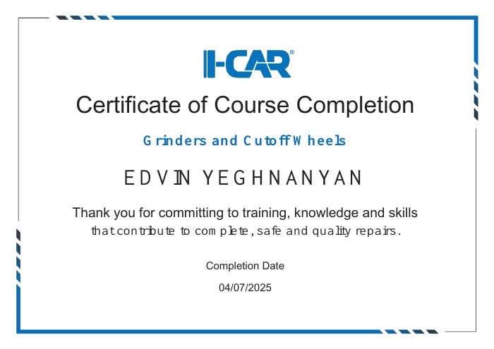 I-CAR course completion certificate for Grinders and Cutoff Wheels
