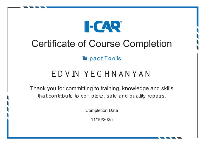 I-CAR course completion certificate for Impact Tools