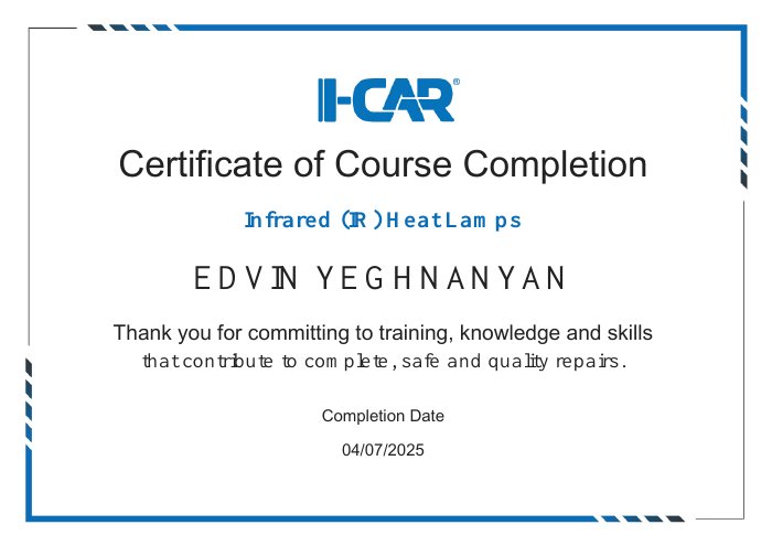 I-CAR course completion certificate for Infrared (IR) Heat Lamps