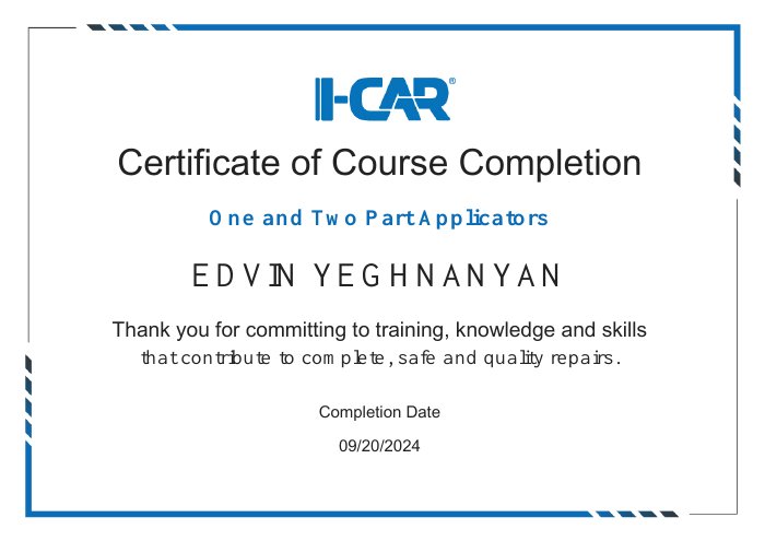 I-CAR course completion certificate for One and Two Part Applicators