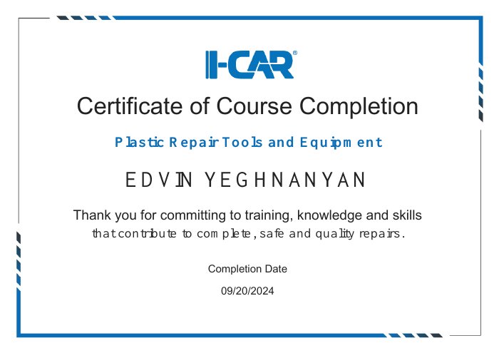I-CAR course completion certificate for Plastic Repair Tools and Equipment