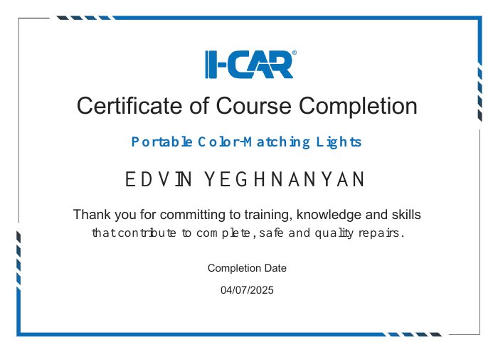 I-CAR course completion certificate for Portable Color-Matching Lights