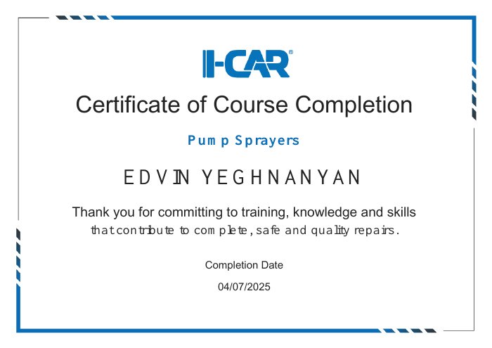 I-CAR course completion certificate for Pump Sprayers