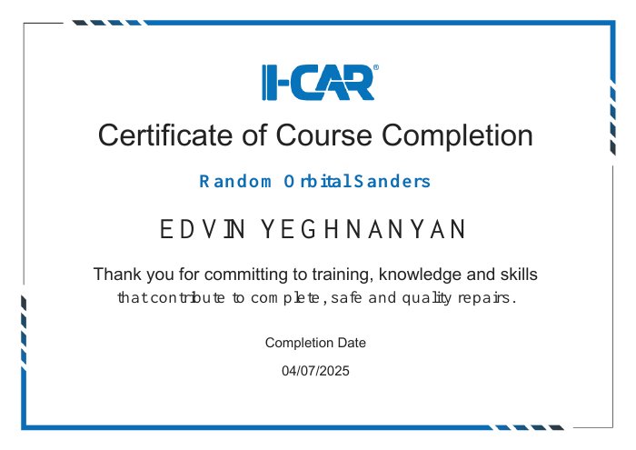 I-CAR course completion certificate for Random Orbital Sanders