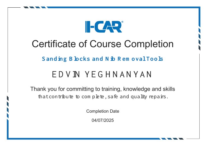 I-CAR course completion certificate for Sanding Blocks and Nib Removal Tools