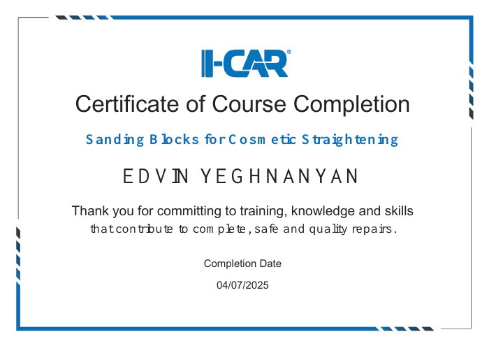 I-CAR course completion certificate for Sanding Blocks for Cosmetic Straightening