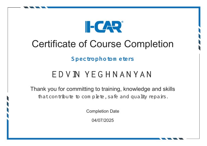 I-CAR course completion certificate for Spectrophotometers