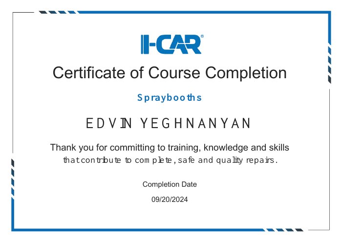 I-CAR course completion certificate for Spraybooths
