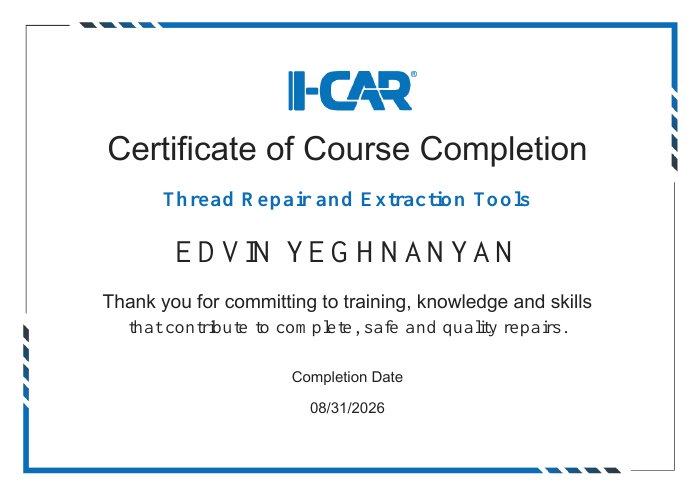 I-CAR course completion certificate for Thread Repair and Extraction Tools