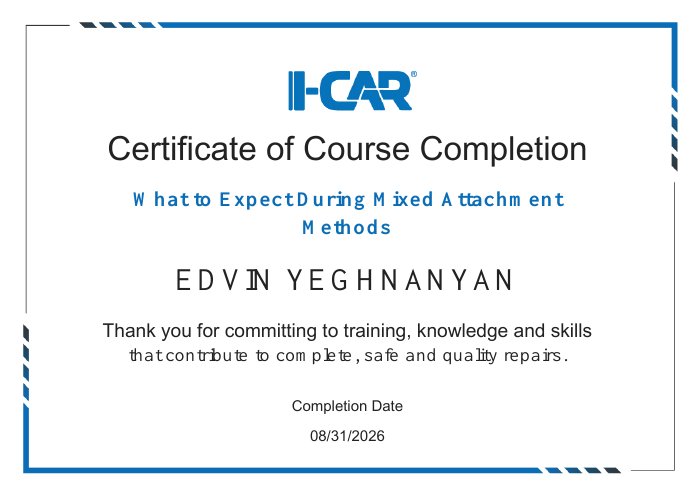 I-CAR course completion certificate for What to Expect During Mixed Attachment Methods